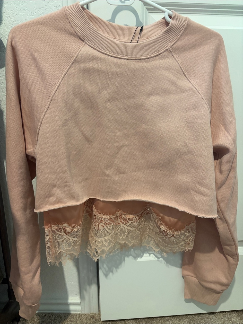 Zara Pink Cropped Sweatshirt with Lace Hem